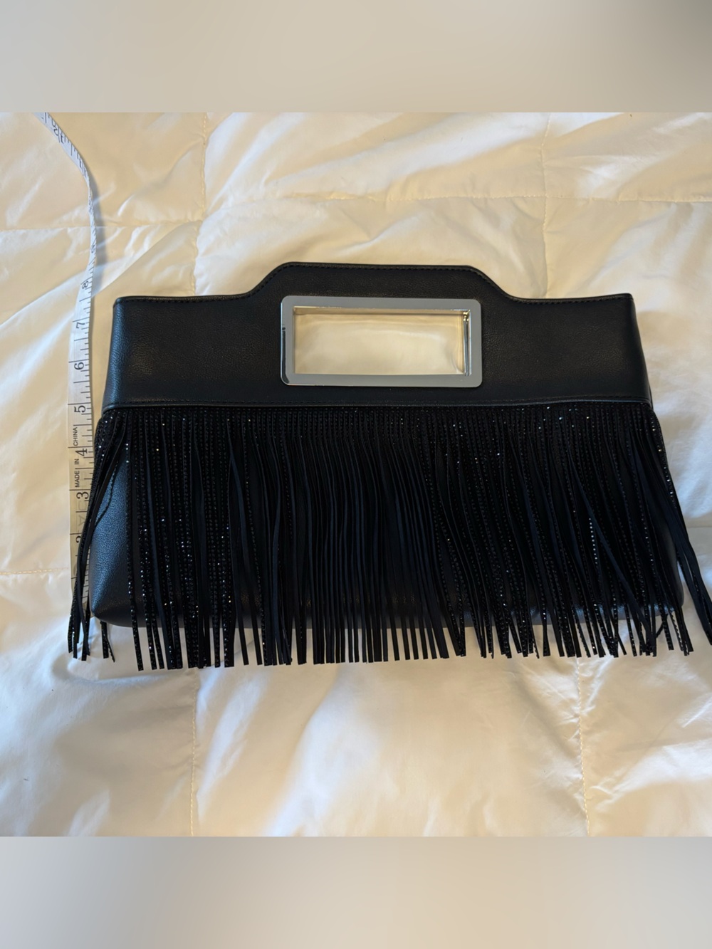 INC - Black Fringe Clutch with Silver Cutout Handle